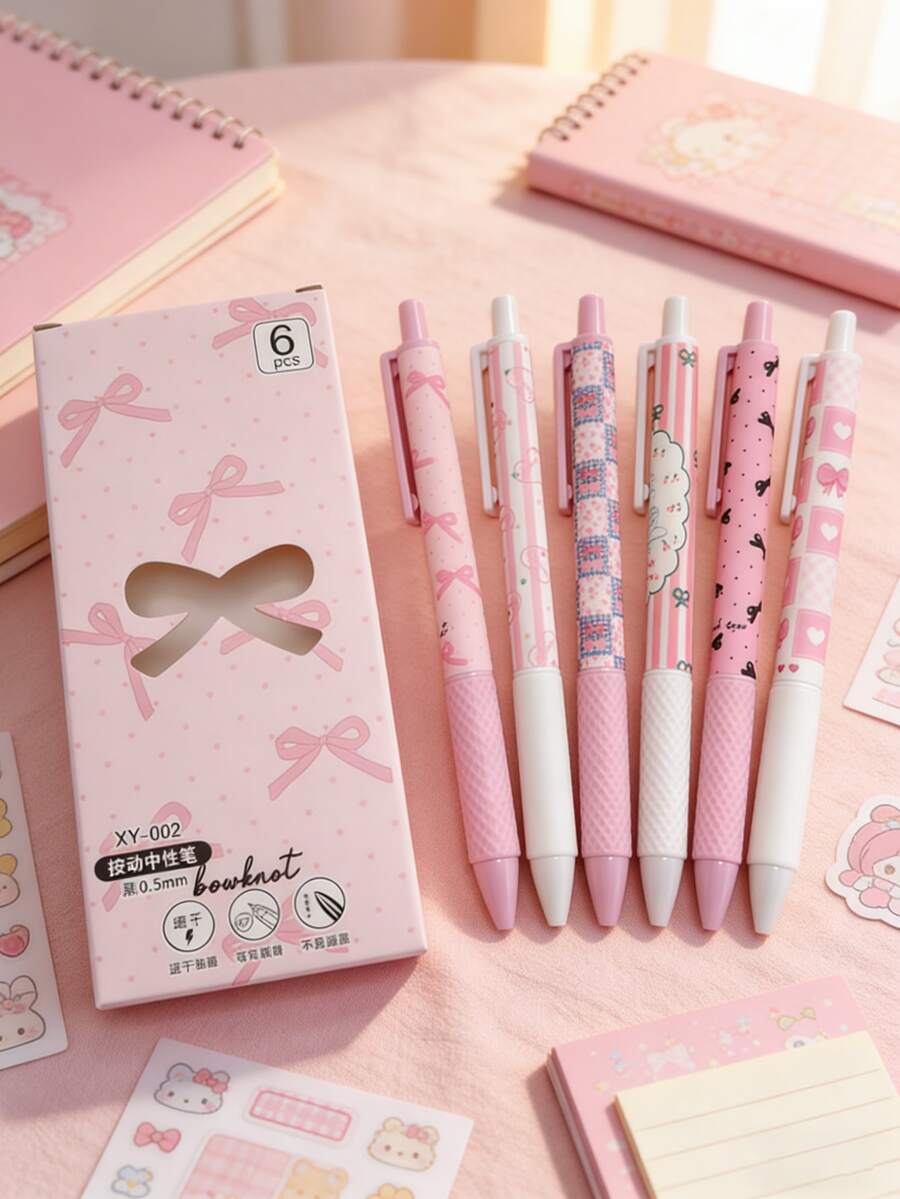 6pcs Pink Bow Tie Quick-Drying Neutral Pens, 0.5mm Fine Tip, Smooth Writing, Suitable For Office, Classroom And Other Scenarios, Suitable For Teenagers, Adults, Family, Office, Education And Classroom Writing Use