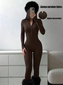 Women's Stand Collar Zipper One-Piece Sportswear, Spring Elegant - Brown - View 2