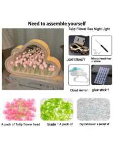 1pc Cloud Tulip Night Light, DIY Creative Artificial Tulip Flower Design, Battery Operated, Suitable For Living Room, Bedroom, Desk, Office, Game Room Decor, Also Can Be Used As Photography Prop, Handmade Gift For Holiday And Birthday - Multicolor - View 12