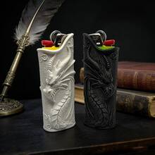 1pc 3D Chinese Dragon Lighter Case For BIC J6, Black/White Embossed Lighter Cover For Smoking Accessories - Multicolor - View 2