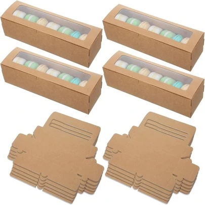 5-20pcs Macaron Boxes With Window, Rectangular Food Containers Suitable For Cookies, Donuts, Pastries, Biscuits, Chocolate, Strawberry, Brown