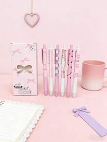 6pcs Pink Bow Tie Quick-Drying Neutral Pens, 0.5mm Fine Tip, Smooth Writing, Suitable For Office, Classroom And Other Scenarios, Suitable For Teenagers, Adults, Family, Office, Education And Classroom Writing Use - Multicolor - View 4