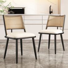 Two Dining Chairs, PU Leather Seat, Rattan Backrest, Living Room/Bedroom Chair, Black - Black - View 8