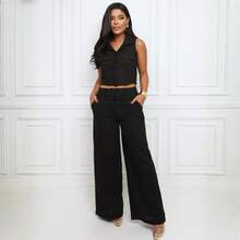 Conjunto Linho Colete E Calça Cintura Alta Elegante Feminino - Preto - Visão 1
