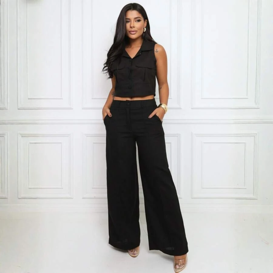 Conjunto Linho Colete E Calça Cintura Alta Elegante Feminino - Preto - Visão 1