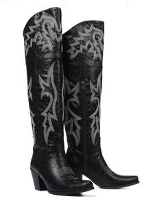 Fashion Cowgirl Outfits For Women Boots Knee High Pointed Toe Chunky Heel Combat Boots For Women Retro Luxury Embroidery Country Concert Jaripeo Festival Shoes - đen1 - Xem 9