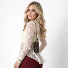Women's Floral Lace Blouse, Transparent, Asymmetrical, With Long Sleeves – Elegant & Fashion 2026, Polyester, Transparent Lace Blouse, Stage And Concert, Dating - 米白色 - 查看 2