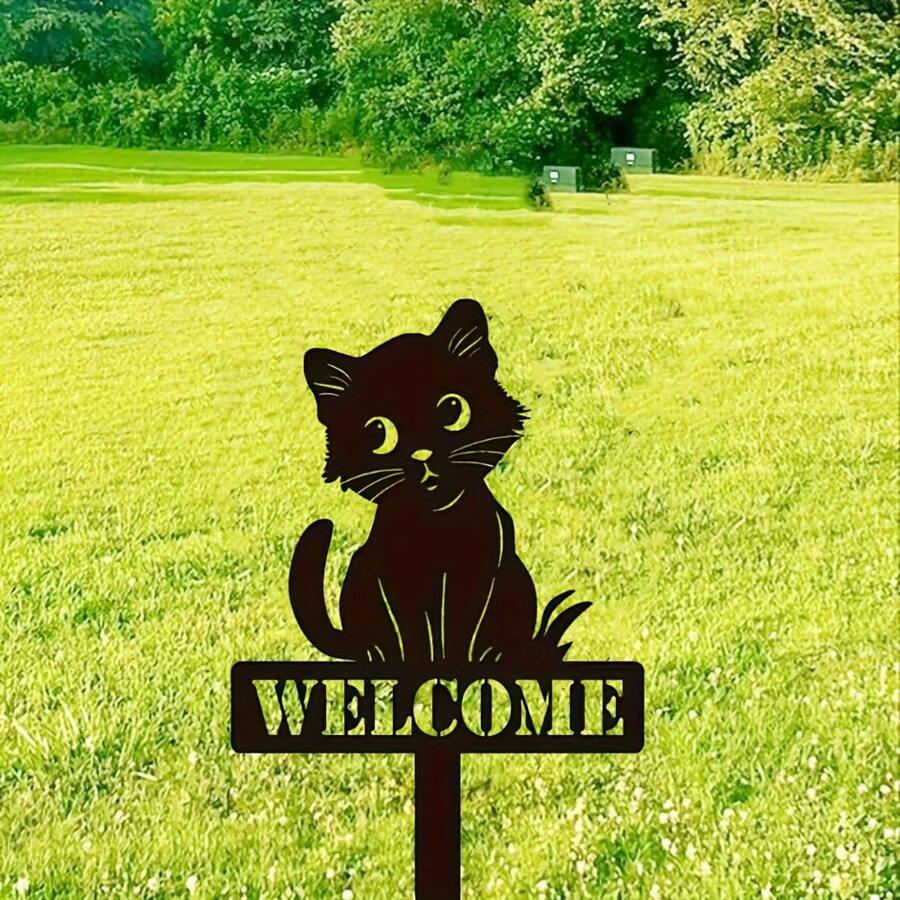 1pc 2D Flat Charming Black Cat Welcome Garden Stake - Acrylic Silhouette Decor For Yard, Lawn, Patio And Pathways - Countryside Outdoor Animal Themed Decor With Friendly "Welcome" Sign, Pathway Marker | Rustic Garden Art | Durable Outdoor Sign, Cat Lover Gift, Best For Christmas - A - View 1