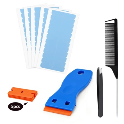Combination Of Hair Extension Tape, 5 Double-Sided Replacement Tapes, Hair Extension Tape With Adhesive Removal Scraper Tool, Comb, Tweezers