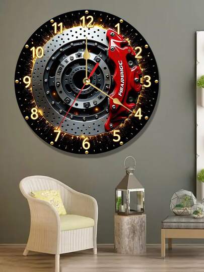 2D平面静音圆形红色刹车卡钳木质圆盘挂钟 - 石英机芯，电池供电（不含AA电池） - 现代家居装饰，适用于卧室、厨房、书房、车库、客厅等场所 | 时尚红色刹车设计 | 耐用木质，客厅挂钟