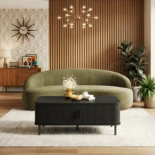 ONBRILL Black Rectangular Coffee Table, 47 Inch Fluted Coffee Tables With Cabinets & Sliding Doors, Mid-Century Modern Coffee Tables, Wood Center Table With Storage And Handle For Living Room, Home Small Space - COT-103 Black - 查看 1