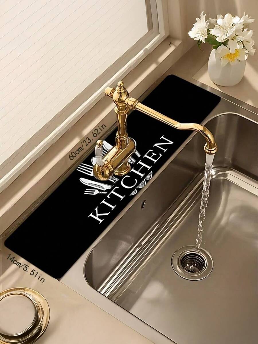 1 Piece Christmas Retro American Kitchen Faucet Mat Black And White Tableware Kitchen Pattern, Pool Countertop Absorbent Drying Mat, Suitable For Decorative Drying Mat, Suitable For Home Kitchen, Cafe, Shopping Mall Pool Countertop Decoration - 5.51x23.62英寸 - 查看 1