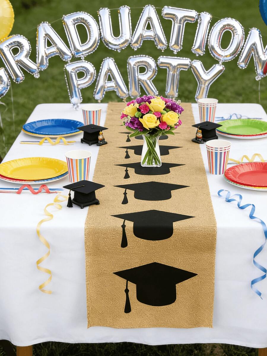 1pc Black Graduation Cap Pattern Burlap Table Runner, Vintage American Style, Natural Jute Fabric Anti-Wrinkle And Durable, Graduation Season Dining Table Decor Flag, Suitable For Graduation Party, Commencement Ceremony, Campus Celebration, Family Graduation Gathering - 183*33cm - View 1