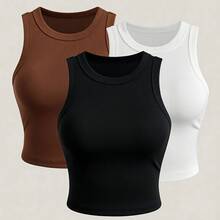 Set Of 3 Women's Tank Tops, Basic Ribbed Plain Blouses, Comfortable, Sizes M To XL - 白咖啡和黑咖啡 - 查看 2
