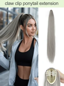24 Inch Long Straight Hair Ponytail Clip-In Synthetic Fiber Natural Look Ponytail Extension, For Daily Use - Light Grey - View 10