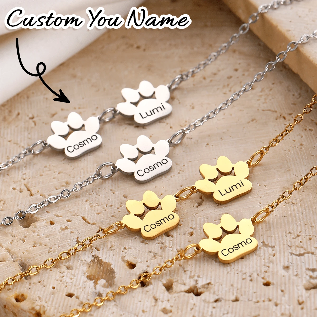 Personalized Pet Paw Print Bracelet, Engrave Name, Dog And Cat Paw Hand Jewelry, Pet Lover Memorial Gift, Custom Pet Name Bracelet, Elegant Dog Paw And Cat Paw Design, Top Choice For Christmas Gifts, Private Paw Print Pet Bracelet, Custom Pet Name Dog Paw Design, Excellent Choice For Christmas Commemoration, Paw Print As Proof, Engrave Your Exclusive Pet Love, Custom Pet Name Paw Print Bracelet, Owner's Exclusive Keepsake - Multicolor - View 1