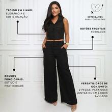 Conjunto Linho Colete E Calça Cintura Alta Elegante Feminino - Preto - Visão 4