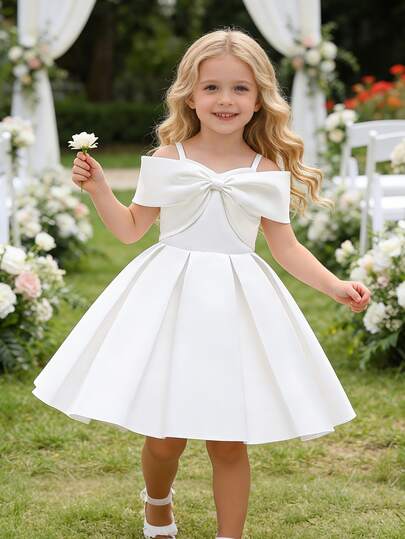 EHOMKIDS Young Girl Bow Decor Party Dress, Children Wedding Birthday Princess Satin Dress For Toddler & Big Young Girl
