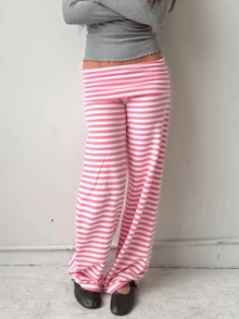 Women's Y2K Striped Wide-Leg Pants - Fold-Over Waist Casual Lounge Trousers - Retro Sweet Streetwear Pants - 粉色 - 查看 7