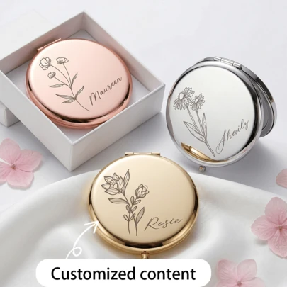 1pc Personalized Engraved Stainless Steel Compact Mirror, Ideal For Pocket, Purse, Wallet, Perfect Portable Mirror For Home Or Travel, Elegant Gift For Women On Valentine's Day, Birthday, Bridesmaid, Bachelorette Party, New Year, Suitable For Birthday, Mother's Day, Valentine's Day, Halloween, Anniversary, Christmas And Other Special Occasions