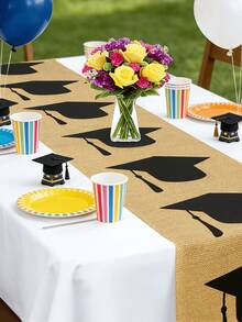 1pc Black Graduation Cap Pattern Burlap Table Runner, Vintage American Style, Natural Jute Fabric Anti-Wrinkle And Durable, Graduation Season Dining Table Decor Flag, Suitable For Graduation Party, Commencement Ceremony, Campus Celebration, Family Graduation Gathering - 183*33cm - View 4