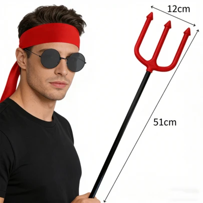 3pcs Funny Set: Red Headband + Fashion Glasses + Devil Trident, Halloween Costume Party Props, Suitable For Festivals, Masquerade Balls, Fits All