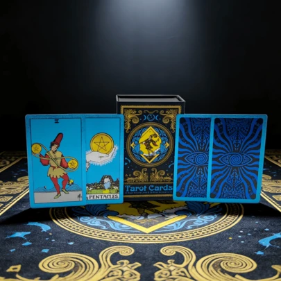 Mysterious Blue Tarot Cards With Guidebook - Deluxe Full Set Of 78 Waterproof & Tear-Resistant PET Tarot Cards - 4.7in*2.8in (12cm*7cm), Ideal For Beginners And Experts, Fortune Telling, Divination, Prophecy, Christmas, Halloween, New Year, Thanksgiving Gift (Includes English Color Instruction Guide)