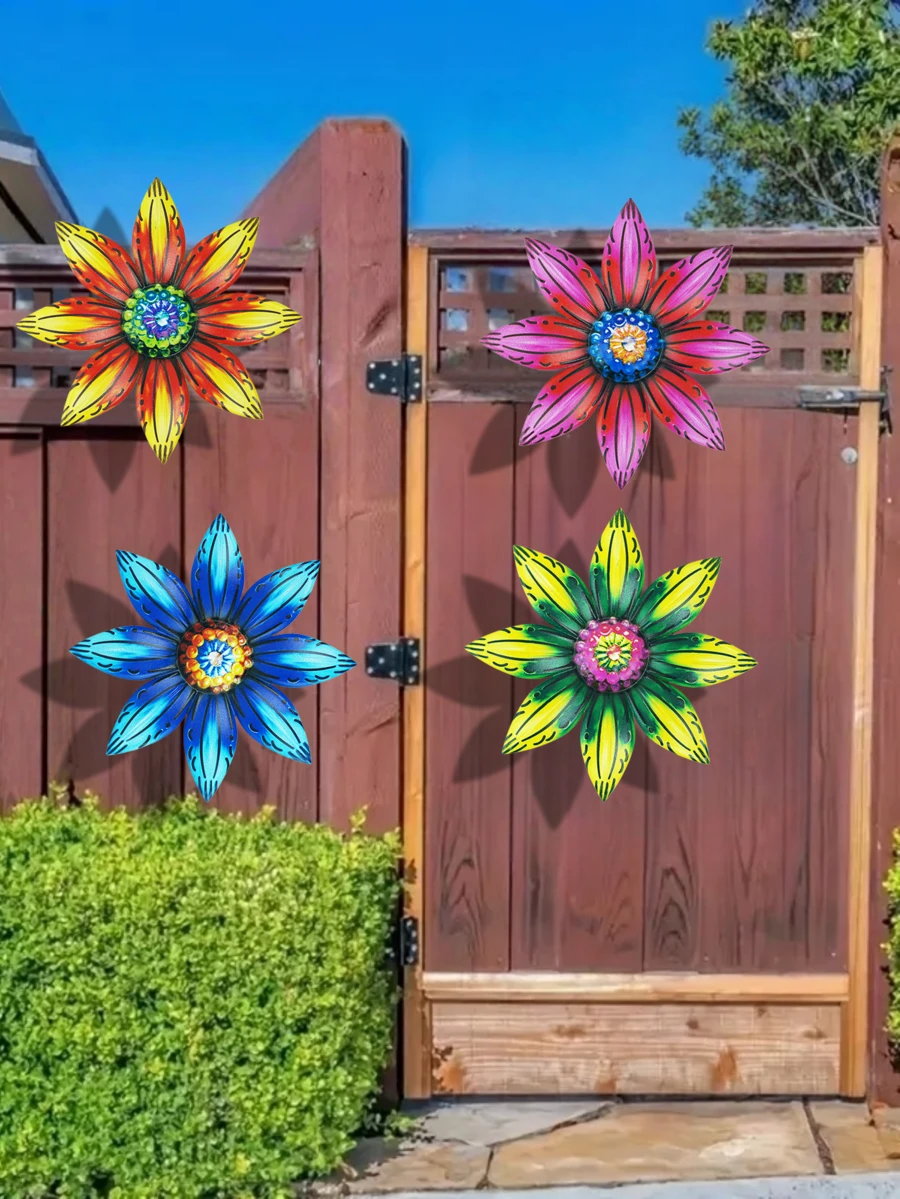 1 pieza/4 piezas Flores de metal de colores, decoración universal para jardín, decoración para patio, decoración para valla, decoración para pared, decoración para porche, colgante para exteriores, suministros ideales para jardinería - A - Ver 1