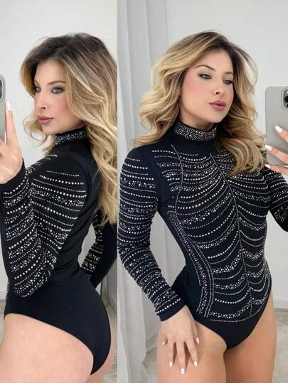 body feminino De manga longa com strass para rodeio, look para festa country para balada roupa feminina sensual para Festa