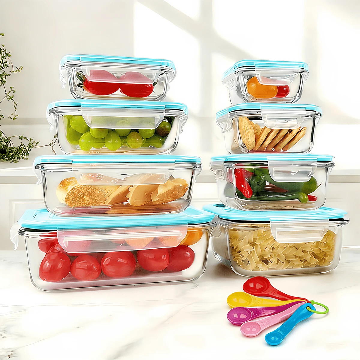JIASLING 8pcs Lids 8pcs Containers Glass Food Storage Containers Set Lunch Box Leakproof Airtight Microwave & Oven Stackable Kitchen Organizers - Green - View 1