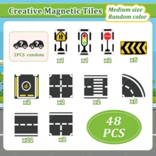 48/88 piezas Baldosas magnéticas de construcción, pistas de carretera, con mini coches, señales de tráfico, bloques magnéticos, juguetes educativos y creativos de construcción STEM, adecuados para regalos de cumpleaños y festividades de niños, colores aleatorios - Multicolor - Ver 8