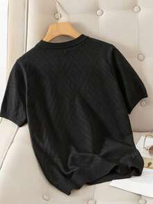 GIGOGOU 1XL-4XL 女式加大码时尚春夏针织T恤基础休闲短袖上衣黑色 - 黑色 - 查看 2