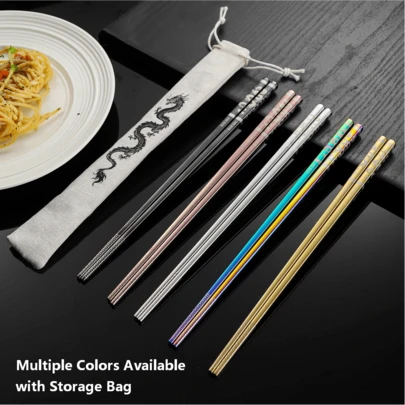 1/5/10 Pairs 304 Stainless Steel Chopsticks, Laser Dragon Pattern, Non-Slip Elongated, With Portable Bag, Reusable Cutlery For Home/Office/Camping, Multi-Color Options, Black & Colorful Sets