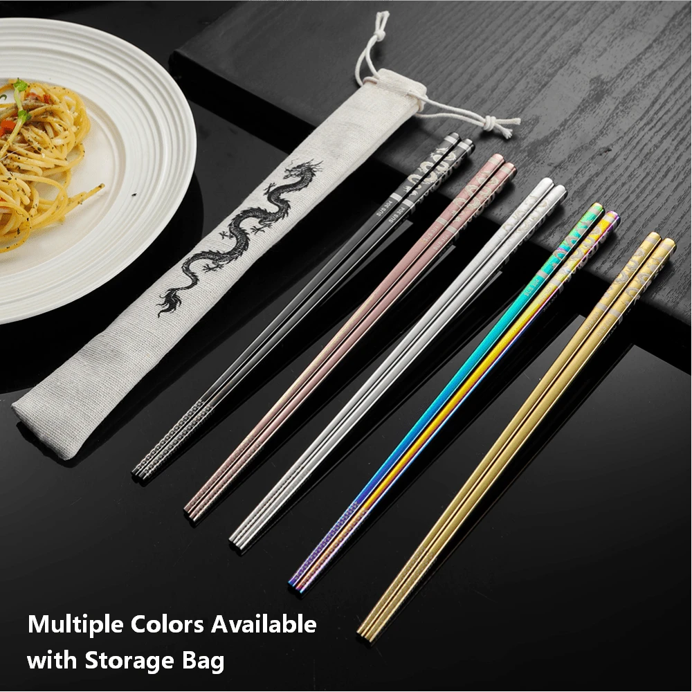 1/5/10 Pairs 304 Stainless Steel Chopsticks, Laser Dragon Pattern, Anti-Slip Elongated, Reusable Tableware For Home/Office/Camping - View 1