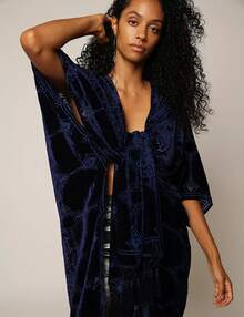 WeHello Women's Boho Burnout Velvet Kimono Long Cover Up With Tassel Casual Cardigan Shawl Flowy Fabric Beachwear Suit Womenswear Clothes Swimwear Coverups SpringStatements - 藏蓝色 - 查看 4