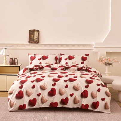 3pcs Heart Pattern Duvet Cover Set, Holiday Gift & Wedding Favor, Soft, Comfortable, Breathable Polyester Fabric, Zipper Closure, Suitable For Bedroom, Guest Room And Dorm (1 Duvet Cover, 2 Pillow Shams), Suitable For All Seasons