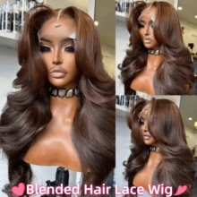 13x4蕾丝前置波浪卷合成假发，自然黑色，耐热纤维，透明瑞士蕾丝，5x5封闭式假发帽，200%密度，适合日常佩戴 - 棕色 - 查看 58