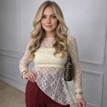 Women's Floral Lace Blouse, Transparent, Asymmetrical, With Long Sleeves – Elegant & Fashion 2026, Polyester, Transparent Lace Blouse, Stage And Concert, Dating - 米白色 - 查看 5