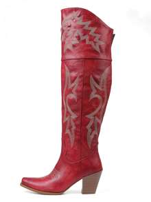 Fashion Red Cowboy Boots For Women Knee High Pointed Toe Chunky Heel Combat Boots For Women Retro Luxury Embroidery Country Concert Jaripeo Festival Shoes - 紅色 - 查看 9