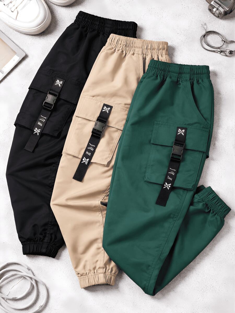 Set Of 3 Boys' Jogger Cargo Pants (Sizes 6-16) - BLACK-bEIGE-gREEN - View 1