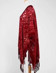 WeHello Women's Boho Burnout Velvet Kimono Long Cover Up With Tassel Casual Cardigan Shawl Flowy Fabric Beachwear Suit Womenswear Clothes Swimwear Coverups SpringStatements - 中紫紅色 - 查看 4