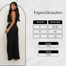 Conjunto Linho Colete E Calça Cintura Alta Elegante Feminino - Preto - Visão 3