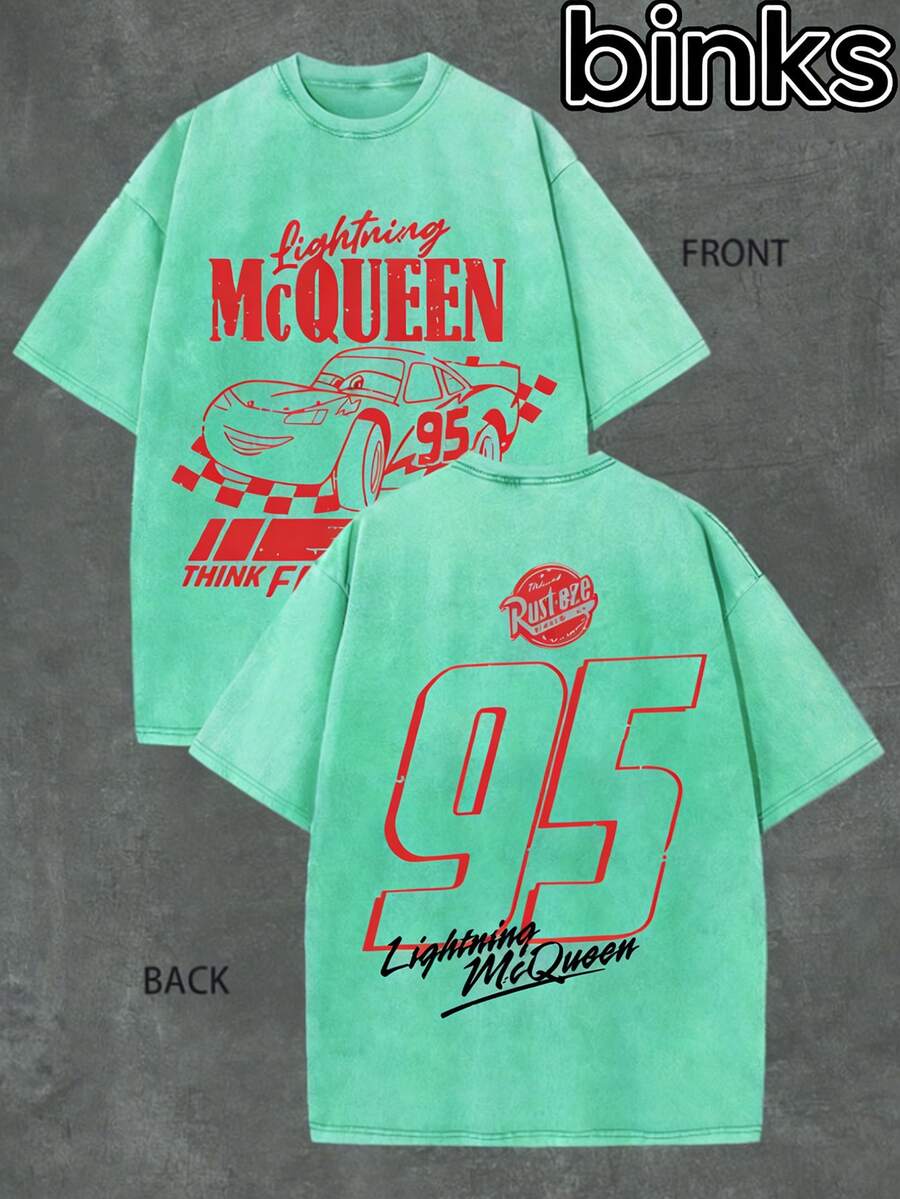 Disney Binks (Double-Sided Printing): Cars: Lightning McQueen Elements Cartoon Print Retro Distressed Washed Short Sleeved T-Shirt, High Street Brand Loose Short Sleeved T-Shirt. Spring And Summer Fashionable Versatile Top, Holiday Gift, Vintage Print. - 薄荷藍 - 查看 1