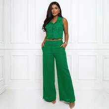 Elegant Women's Linen Vest And High-Waisted Pants Set - Bendera Hijau - View 1