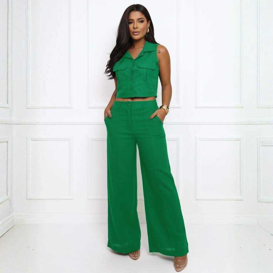 Elegant Women's Linen Vest And High-Waisted Pants Set - Bendera Hijau - View 1