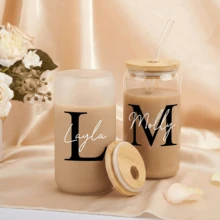 1pc [Customized] Personalized Couple Cups With Lid And Straw, Customized Wedding Gift Frosted Glass Cup, Kitchen Drinking Cup, Suitable For Travel And Storage Of Beverages, Juices, Milkshakes, Essential Tool For Birthdays, New Year, Valentine's Day Parties, Also An Excellent New Year Gift Or Graduation Gift For Best Friends, Suitable For All Seasons - Frosted Blue - View 5