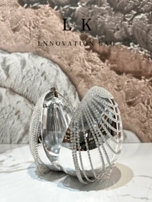 1pc New Luxury Gold Diamond Tassel Handbag, European And American Style Egg-Shaped Evening Clutch Bag, Suitable For Party, Banquet, Wedding - 彩色 - 查看 4