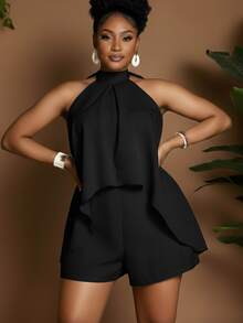 Women's Plus Size Jumpsuit Dress, Halter Neck, Loose Fit, Open Back - 淺藍色 - 查看 6