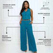 Elegant Women's Linen Vest And High-Waisted Pants Set - 藍綠色 - 查看 4