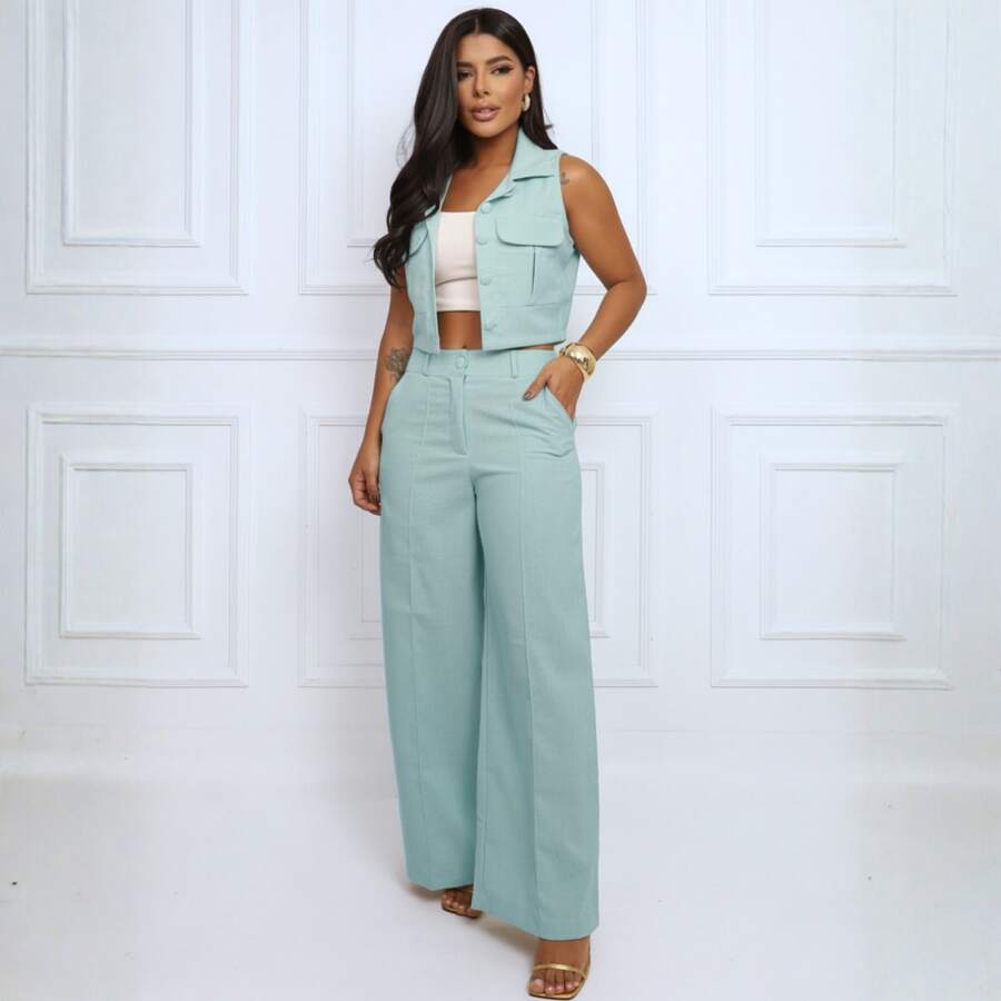 Elegant Women's Linen Vest And High-Waisted Pants Set - 淺藍色 - 查看 1